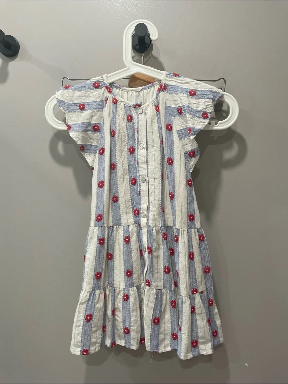 Zara White Dress with Blue Stripes and Red Floral Dots